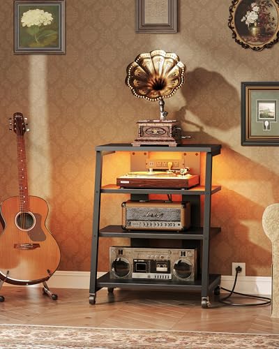 CHOEZON 4-Tier AV Media Stand with Wheels, Stereo Stands, Media Console Shelf with Power Strips, LED Lights, Wooden Audio Cabinet Rack Tower for Record Player/Apple TV/ps4, Black TCJ60UDBB CHOEZON
