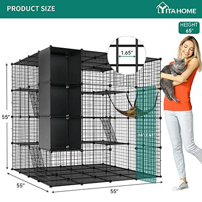 YITAHOME Large Cat Cage with Storage Cube DIY Indoor Catio Cat Enclosures Metal Cat Playpen with Large Hammock for 1-4 Cats 4 Tiers Cat Kennel - WoodArtSupply