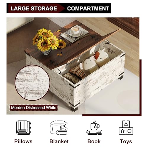 Farmhouse Coffee Table, Heavy-Duty Square Coffee Table with Storage, Rustic Brown Wood Center Table Set for Living Room with Pull Up Large Hidden Storage Compartment, Distressed White