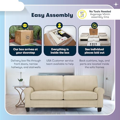 Serta Copenhagen Rolled Arm Sofa, Easy Care Polyester, Soft Pillow Back, Pocket Coil Seat Cushions, Removable Covers, Couch for Small Spaces, Living Rooms or Bedrooms, 61" Loveseat, Tan Serta
