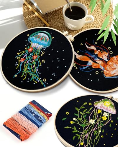 TINDTOP Embroidery Kit for Adults, 5 Sets Jellyfish Embroidery Kit for Beginners Include Embroidery Cloth Hoops Threads for Craft Lover Hand Stitch with Embroidery Skill Techniques TINDTOP