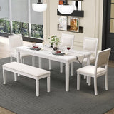 Hlcodca 6-Piece Extendable Dining Table Set with 4 Chairs & Bench, 59 to 72-Inch Rustic Farmhouse Kitchen Table Set with Distressed Finish and Retro Carved Legs (Beige+White Washed) Hlcodca
