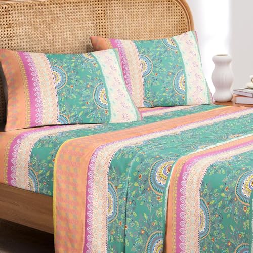 Wake In Cloud - Boho Bed Sheets, 4-Piece Sheet Set, Bohemian Chic Medallion Colorful Hippie Aesthetic Bedding, Deep Pocket, Orange Green, Queen Size Wake In Cloud
