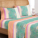 Wake In Cloud - Boho Bed Sheets, 4-Piece Sheet Set, Bohemian Chic Medallion Colorful Hippie Aesthetic Bedding, Deep Pocket, Orange Green, Queen Size Wake In Cloud