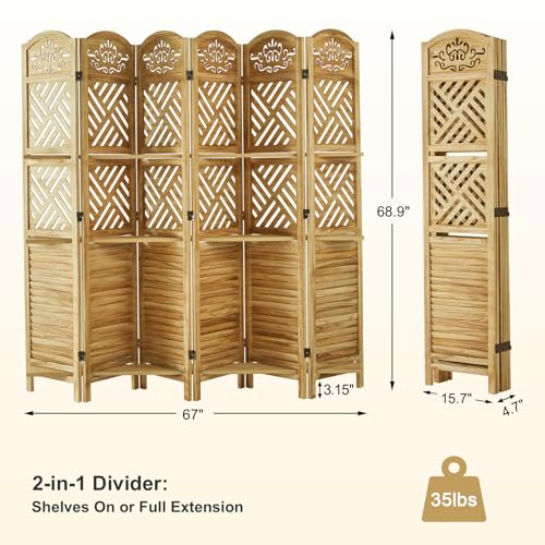 Room Divider with Shelves, 5.75ft Tall Folding Wood Carved Screen with Double Hinges for Home Office Bedroom Hotel Decoration (6 Panels, Natural) Svimi