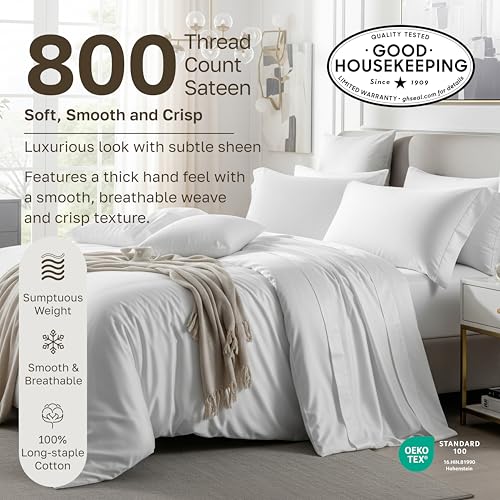 California Design Den Luxury 800 Thread Count King Size Sheets Set - 100% Cotton Sheets, Soft Sateen, Deep Pockets for a Snug Fit, Durable Bedding Set - White