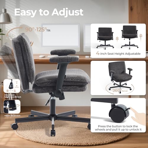Morkprism Criss Cross Chair with Flip-Up Arms and Lockable Wheels, Plush Fabric Cross Legged Office Desk Chair,Wider 125°Tilting Adjustable Swivel Computer Chair for Home, Apartment, Bedroom,Black Morkprism