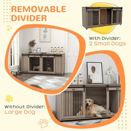 PawHut Dog Crate Furniture with Removable Divider for 2 Small Dogs or 1 Large Dog, 71" Modern Kennel Furniture End Table with Storage, Double Doors, Walnut PawHut