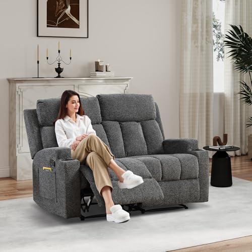 CANMOV Manual Recliner Sofa Set, Fabric Home Theater Seating with Side Pockets and Cup Holders, 2 Seat Reclining Couch for Living Room, Office, Dark Grey