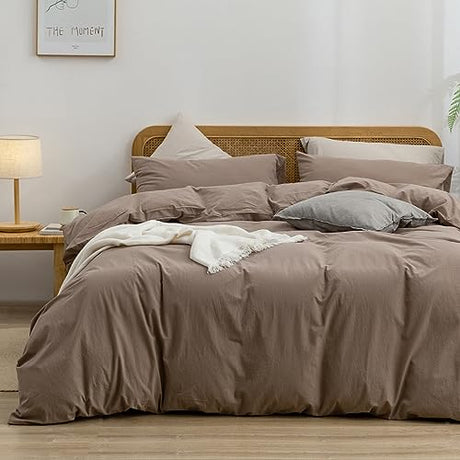 BESTOUCH Duvet Cover Set 100% Washed Cotton Linen Feel Super Soft Comfortable Chic Lightweight 3 PCs Home Bedding Set Solid Pine Bark Brown Queen BESTOUCH