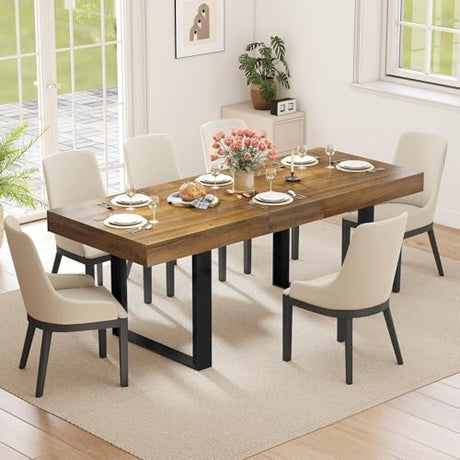 Zevemomo 63"-78.7" Expandable Dining Table, 6-8 Extendable Dining Table, Rectangle Conference Table, Farmhouse Kitchen Table with Slide Track, Tapered U-Shaped Wood Legs for Office, Living Room-Brown Zevemomo