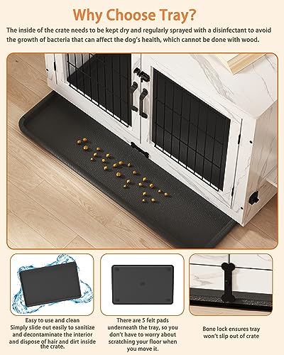 Piskyet Wooden Dog Crate Furniture with 360°Rotatable Removable Dog Bowls, Dog Crate End Table with Tray, Double Doors Dog Kennels for Dogs(XL:43.2" L*28.6" W*30.3" H, Marble White) Piskyet