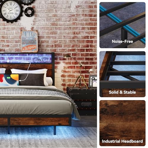 Queen Bed Frame with Storage Headboard and Charging Station, Metal Bedframe with LED Lights, Queen Size Platform Bed with Heavy Duty Slats, 100% Anti-Slip Mattress, No Box Spring Needed, Rustic Brown Susalt