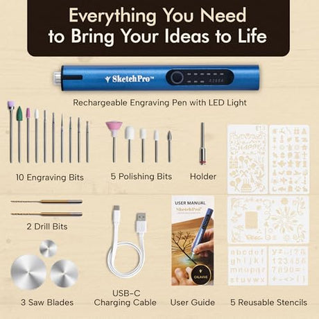SketchPro Cordless Engraving Pen with LED Light – 3-Speed Precision Etching Tool for Wood, Metal, Glass & Plastic – USB-C Rechargeable, 26 Accessories – Ideal for DIY, Jewelry & Craft Projects Calavive