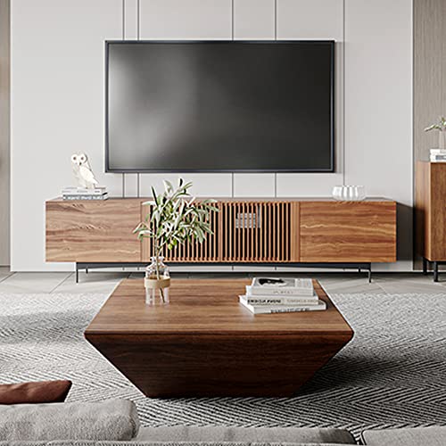 POVISON TV Stand, Solid Wood TV Cabinet for 80 85+ Inch TV, Assembly-Free 95'' Long TV Console for Living Room Bedroom, Modern Farmhouse Slatted POVISON