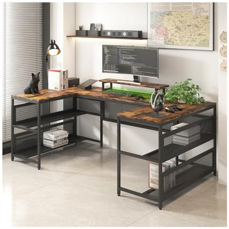 Saranya 18 Shop New Modern Brown U Shaped Gaming Desk Computer 3 Spacious Desktop 4 Storage Racks Shelf Cabinet Shelves LED Lights Reversible Home Office 81.9”L x 42.5”W x 30.5”H of Set, 366302510310 WoodArtSupply