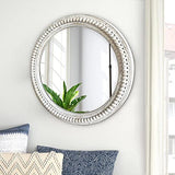 dwellington Rustic Round Wall Mirror, 24 Inch Wood Circle Mirror with Beads, Decorative Farmhouse Mirror for Living Room, Bedroom, Kitchen, Entryway (White) dwellington