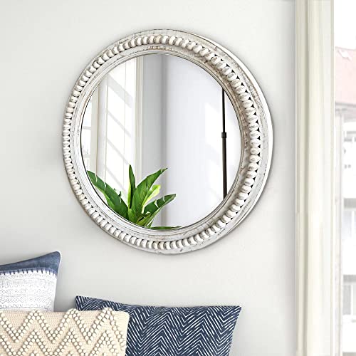 dwellington Rustic Round Wall Mirror, 24 Inch Wood Circle Mirror with Beads, Decorative Farmhouse Mirror for Living Room, Bedroom, Kitchen, Entryway (White) - WoodArtSupply