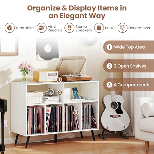 Giantex Large Record Player Stand with Charging Station, Turntable Stand Holds Up to 300 Albums, Record Player Table with Raised Leg, Vinyl Record Storage for Living Room (White) Giantex