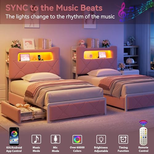 Twin Upholstered LED Bed Frame with 2 Storage Drawers and 2-Tier Storage Bookcase Headboard, Velvet Princess Platform Bed for Kids/Girls/Boys, Heavy Duty Metal Support, No Box Spring Needed, Pink Jocoevol