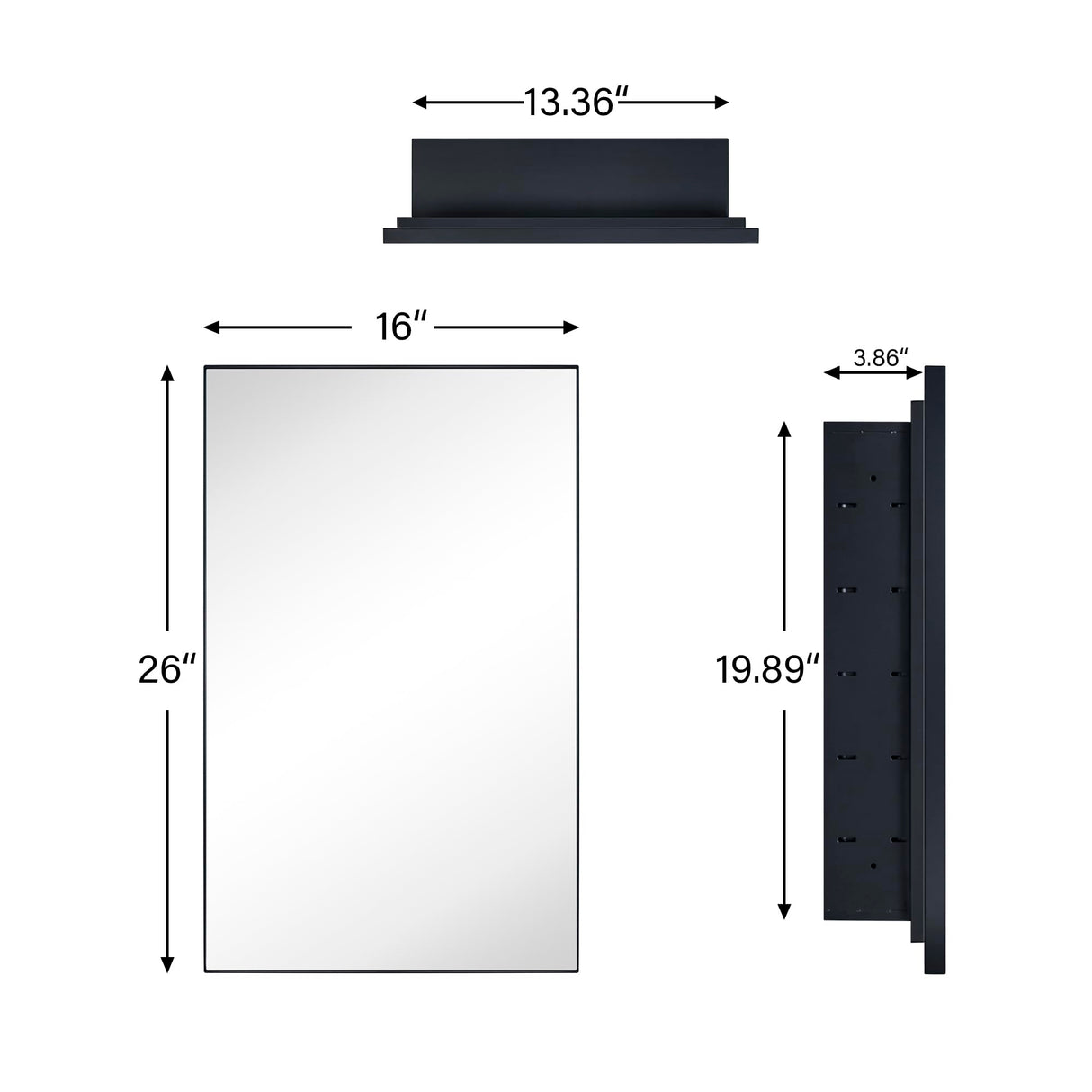 TEHOME Recessed Mount 16x26'' Squared Rectangle Matt Black Bathroom Medicine Cabinet with Mirror Black Metal Framed Rectanglular Medicine Cabinet 2 Adjustable Glass Shelves TEHOME