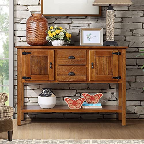 LKTART Farmhouse Wood Console Table with 2 Drawers and 1 Bottom Shelf， Storage Sideboard with 2 Cabinets Buffet Cabinet for Living Room Kitchen and - WoodArtSupply