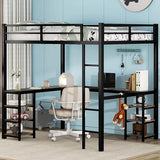 Full Size Loft Bed with Desk and Storage Shelves, Heavy Duty Metal Loft Bed with L-Shaped Desk and Ladder, Full Size Loft Bed for Kids, Teens, Black Loft Bed Full Size Bellemave