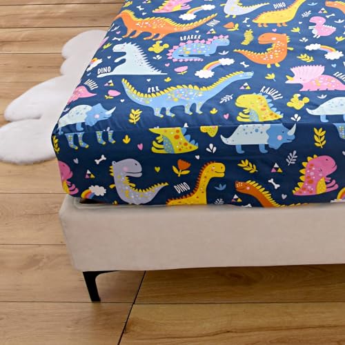 Bedding Fitted Sheet with Deep Pocket for Boys Girls Full Size Bed,Dino Printed Thicken Fabric Bed Sheets (Navy Blue(Dinosaur), Full) NATURETY