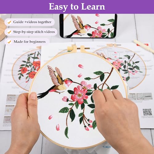 Embroidery Kit for Beginners,3 Pack Hummingbird and Flower Cross Stitch Kits for Adults,Needlepoint kit with Stamped Patterns,Hoop,Threads for Craft Lover,Hand Stitch with Embroidery Skill Techniques