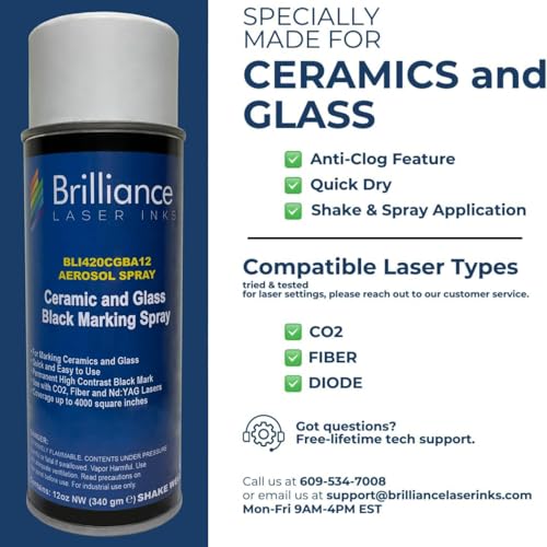 Brilliance Laser Inks Ceramic and Glass Black Marking Spray - 12oz Aerosol Marks on Ceramics and Glass. Aerosol for Fiber, YAG, Diode, and CO2 Laser Engraver Machine, BLI420 BRILLIANCE LASER INKS