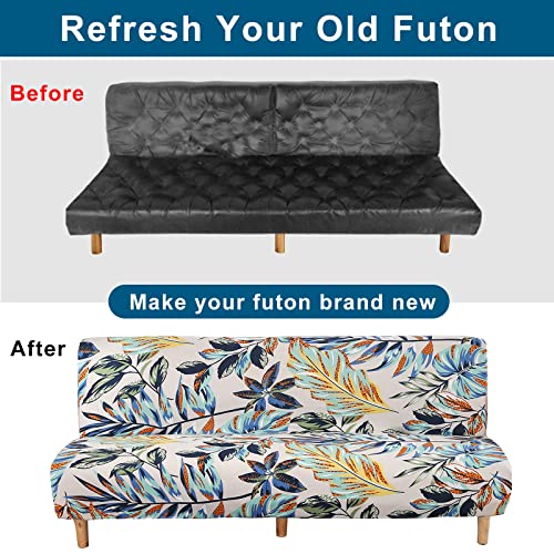 WOMACO Printed Futon Cover Stretch Sofa Bed Slipcovers Full Twin Queen Size Armless Couch Loveseat Protector Covers with Elastic Bottom for Living Room Bedroom Furniture (Rain Leaves, 63"-75") WOMACO