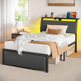 Rolanstar Twin Bed Frame with Ergonomic Headboard Storage & Charging Station, Upholstered Platform Bed with LED Light & Drawer, Heavy Duty Metal Slats, Noise Free, No Box Spring Needed, Grey Rolanstar