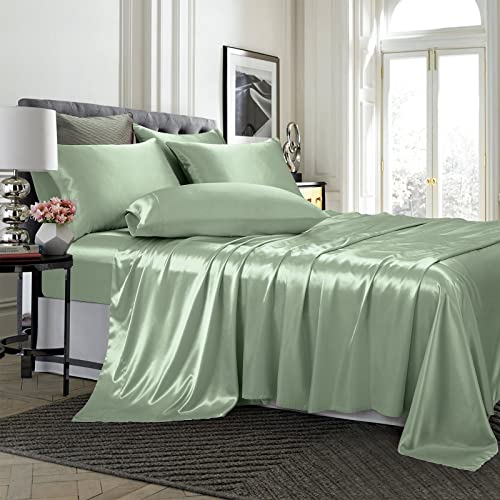 TREELY 6 Piece Queen Size Satin Sheets Set - Silky Smooth Sage Green With Deep Pocket, Fitted Sheet, Flat Sheet, 4 Pillowcases TREELY