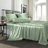 TREELY 6 Piece Queen Size Satin Sheets Set - Silky Smooth Sage Green With Deep Pocket, Fitted Sheet, Flat Sheet, 4 Pillowcases TREELY