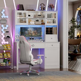 FACBOTALL Computer Desk with Hutch and RGB Lights, 65" Office Desk with Power Outlet, Makeup Vanity with 3 Doors & 3 Drawers, White Executive Desks for Home, Work and Study FACBOTALL