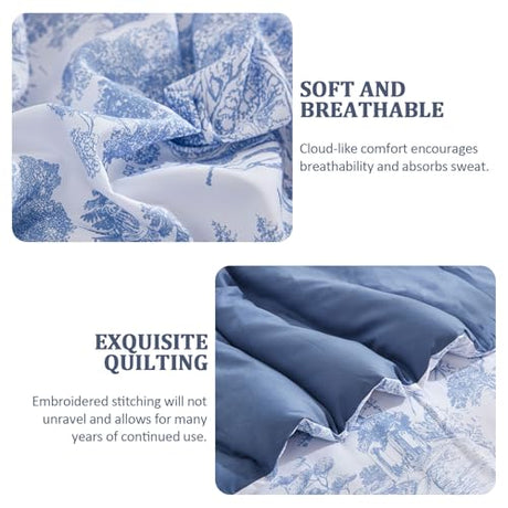 DJY Blue Comforter Set Queen, 7 Pieces Bed in a Bag Queen Size Botanical Comforters with Sheets Elegant Plants Print Soft Microfiber Reversible Complete Bedding Sets for All Season DJY