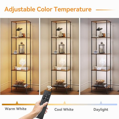 SUNMORY Display Shelf with Dimmable Lights, Lighted Display Cases for Collectibles, Adjustable Color Temperature and Brightness, Display Cabinet, Floor Lamp with Shelves, Home Decor, Rustic Brown SUNMORY