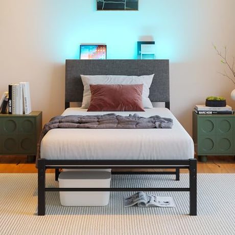 VECOCHO Twin Bed Frame with Storage Headboard,Heavy Duty Metal Platform Bed Frame Twin with Charging Station and LED Lights,Ergonomic Upholstered Single Bed No Box Spring Needed,Noise-Free Slats,Black VECOCHO