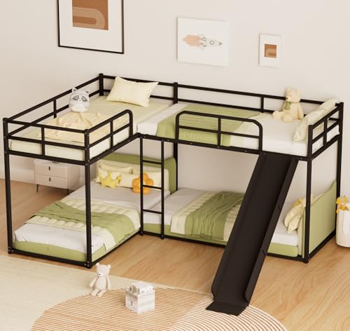 Ball & Cast L-Shaped Bunk Bed with Slide and Short Ladder,Metal Corner Bed Frame w/Full Length Guardrail,Heavy-Duty 4 Bunkbed or Apartment,Bedroom,Guest Room,Black Ball & Cast