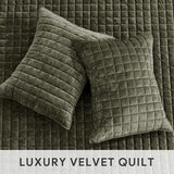 RECYCO Luxury Velvet Quilt Set King Size, Lightweight Velvet Comforter Set, Oversized Bedspread Coverlet Quilted Bedding Set, with 2 Matching Pillow Shams, for All Season, Olive Green RECYCO