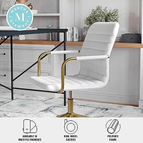 Martha Stewart Taytum Swivel Task Chair with Armrests for Home Office in White Faux Leather with Polished Brass Frame Martha Stewart