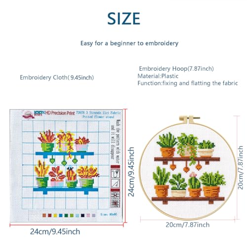 Zhenqing Wooden Plant Shelf Cross Stitch Kit for Beginners, 11CT Printed 24x24cm with Hoop, 6 Potted Succulent Embroidery Set (70978)