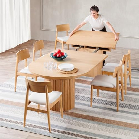 Transformer Table - Solid Wood Extendable Round Dining Table Set with 6 Chairs, Seats 4-10, Extendable Round Dining Set, Natural (Table + 6 Chairs) Transformer Table