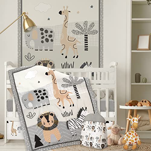 4 Piece Woodland Forest Animals Crib Bedding Set, Including Jungle Safari Crib Skirt, Blanket, Nursery Bed Sheet and Diaper Stacker, Soft Neutral Nursery Standard Size Baby Bedding for Baby Girls Boys Oudain