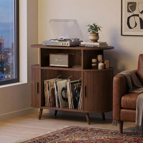 35” Mid Century Record Player Stand, Round Record Storage Cabinet with Charging Station, Turntable Stand Holds up to 150+ Albums, Vinyl Record Player Shelf for Media Stereo Audio, Living Room, Walnut Quelthar