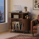 35” Mid Century Record Player Stand, Round Record Storage Cabinet with Charging Station, Turntable Stand Holds up to 150+ Albums, Vinyl Record Player Shelf for Media Stereo Audio, Living Room, Walnut Quelthar