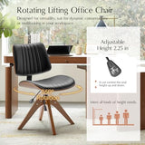 HULALA HOME Faux Leather Home Office Chair with Solid Wood Legs, 360° Swivel Desk Chair No Wheels with Bentwood Design, Mid-Century Modern Wide Seat Computer Task Chair, Black HULALA HOME