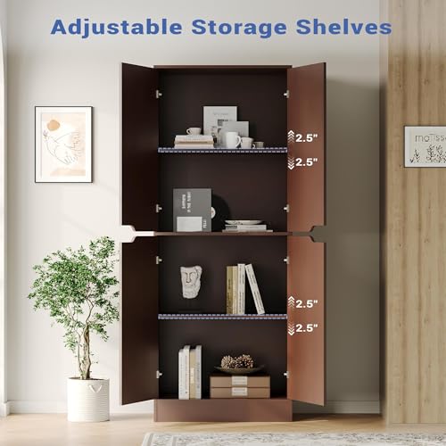 Housoul 71" Tall Freestanding Pantry Storage Cabinet, 4 Doors Larder Cupboard with Adjustable Shelves, Kitchen Hutch for Kitchen & Dining Room, Walnut Housoul