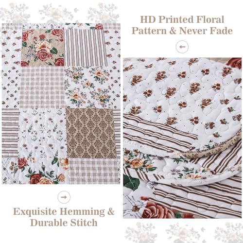 Menghomeus Taupe Floral Quilt Set Queen Boho Patchwork Bedspread Floral Coverlet Reversible Bed Quilt Set All Season Soft Microfiber Bedding Farmhouse Bed Sets, 96"x90" Menghomeus