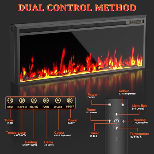 60" Electric Fireplace with Mantel for 50" Insert, Weyderk Ultra-Thin 5.5" Surround, 750/1500W Heater with 12 Flame Effects, 1-8 Hours Timer, Wall Mounted TV Stand for Livingroom, White Weyderk